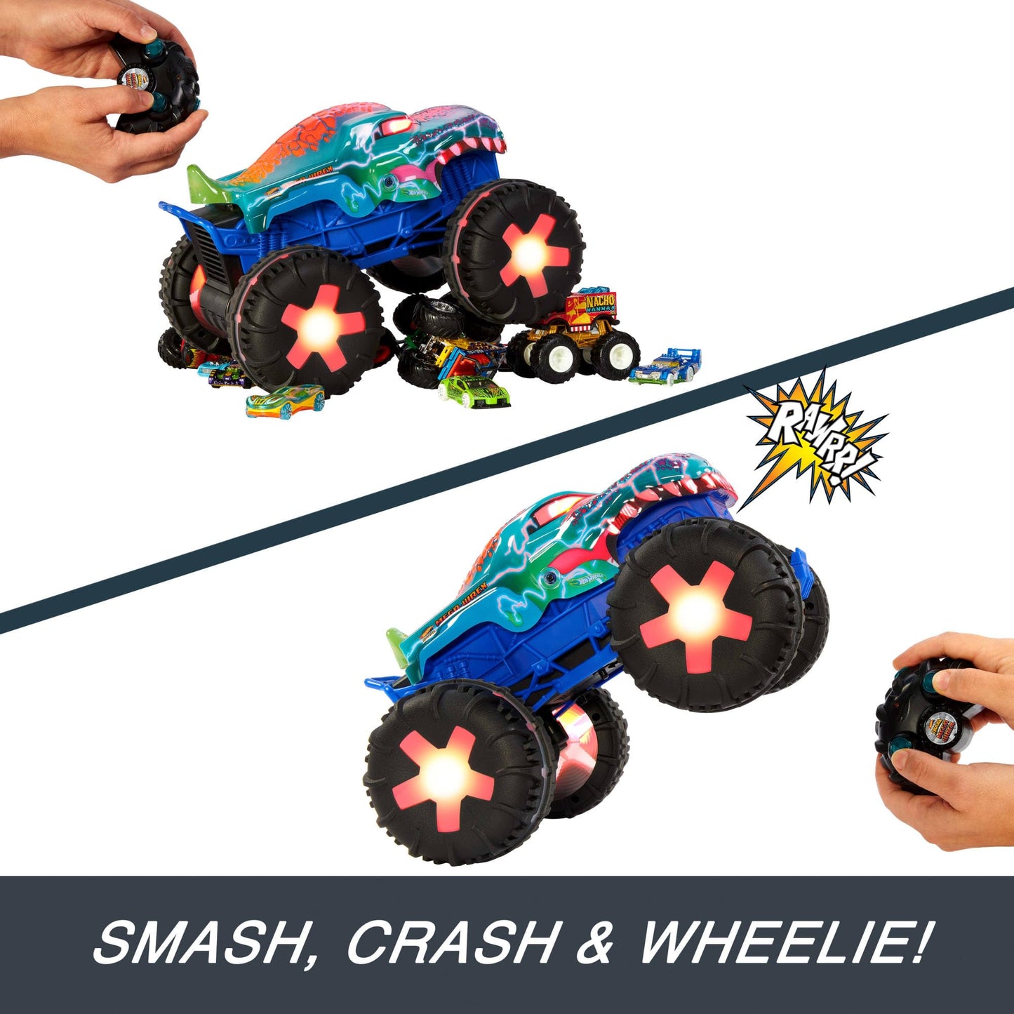 Hot Wheels Monster Trucks Remote Control Car, 1:15 Scale Mega-Wrex Alive Battery-Powered RC Vehicle with Lights & Sounds, JBD90
