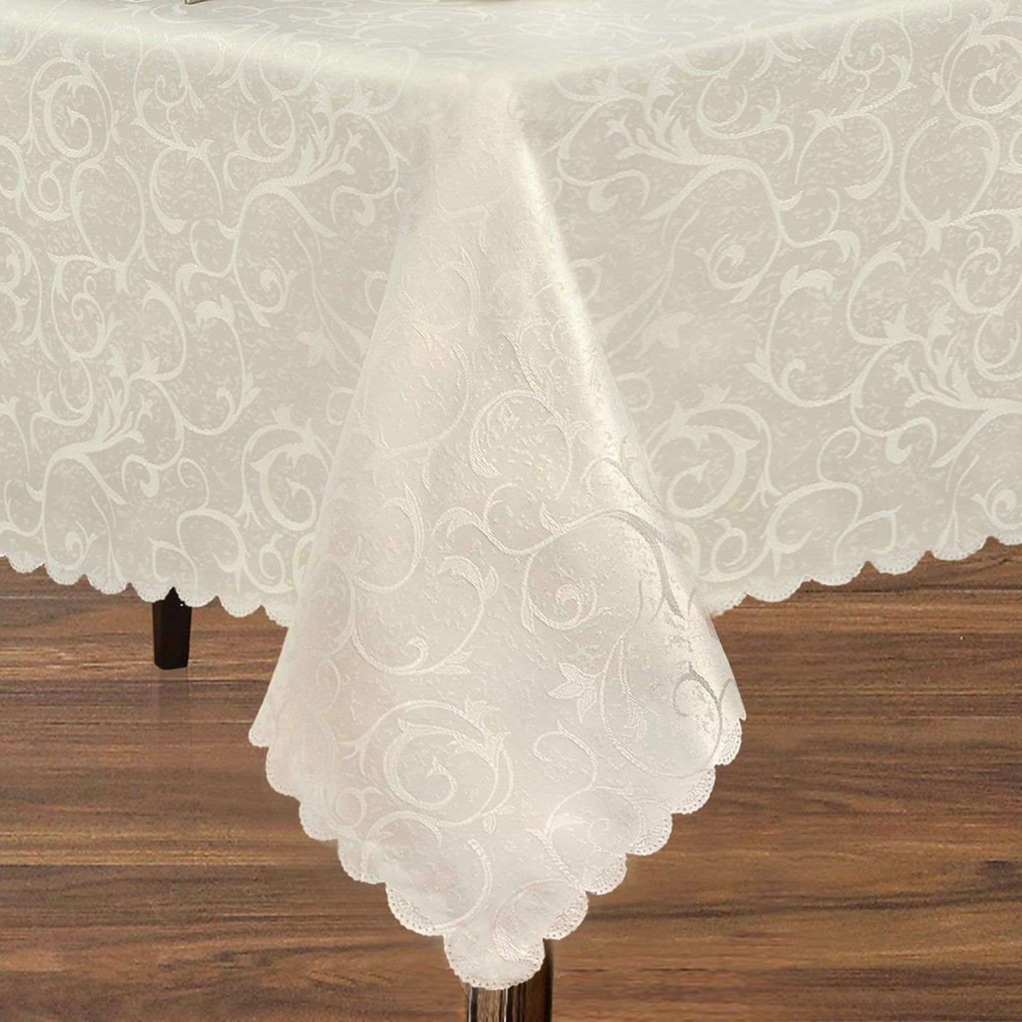 Newbridge Christmas Holiday Portofino Scalloped Damask Fabric Tablecloth, 60 x 144 Inch Rectangle, Ivory, Wrinkle and Stain Resistant Fine Dining Holiday Party Table Cover