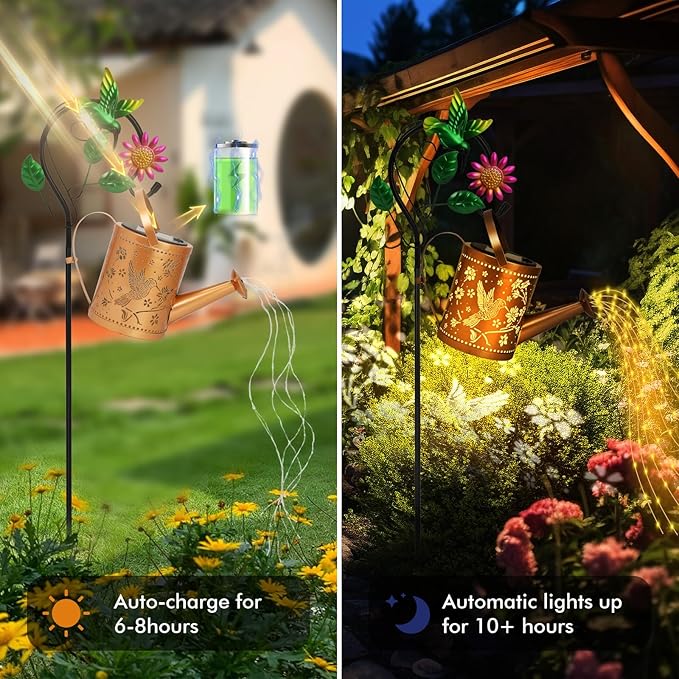 Outdoor Hanging Solar Lantern Waterproof Metal Openwork Hummingbird Watering Can Landscape Lights with Shepherd Hook for Porch Lawn Driveway Backyard Pathway Mom Grandma Gifts