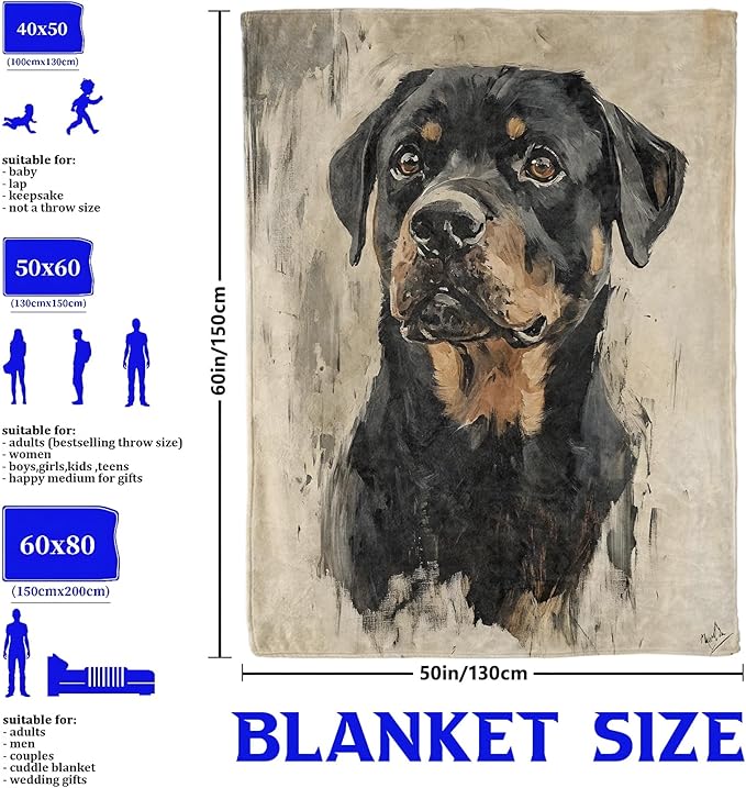 Rottweiler Dog Throw Blanket for Boys Girls Kids Adults Women, Fuzzy Warm Soft Cozy Flannel Blankets Gifts for Bedroom, Couch, Travel, Home Decor 60x80 in
