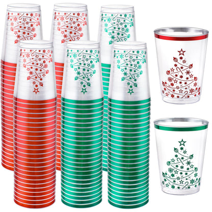 supernal 100pcs Christmas Plastic Cups,10oz Disposable Party Cups,Red and Green Plastic Tumblers with Christmas Tree Design,Party Cup Disposable for Xmas Party, Christmas Eve