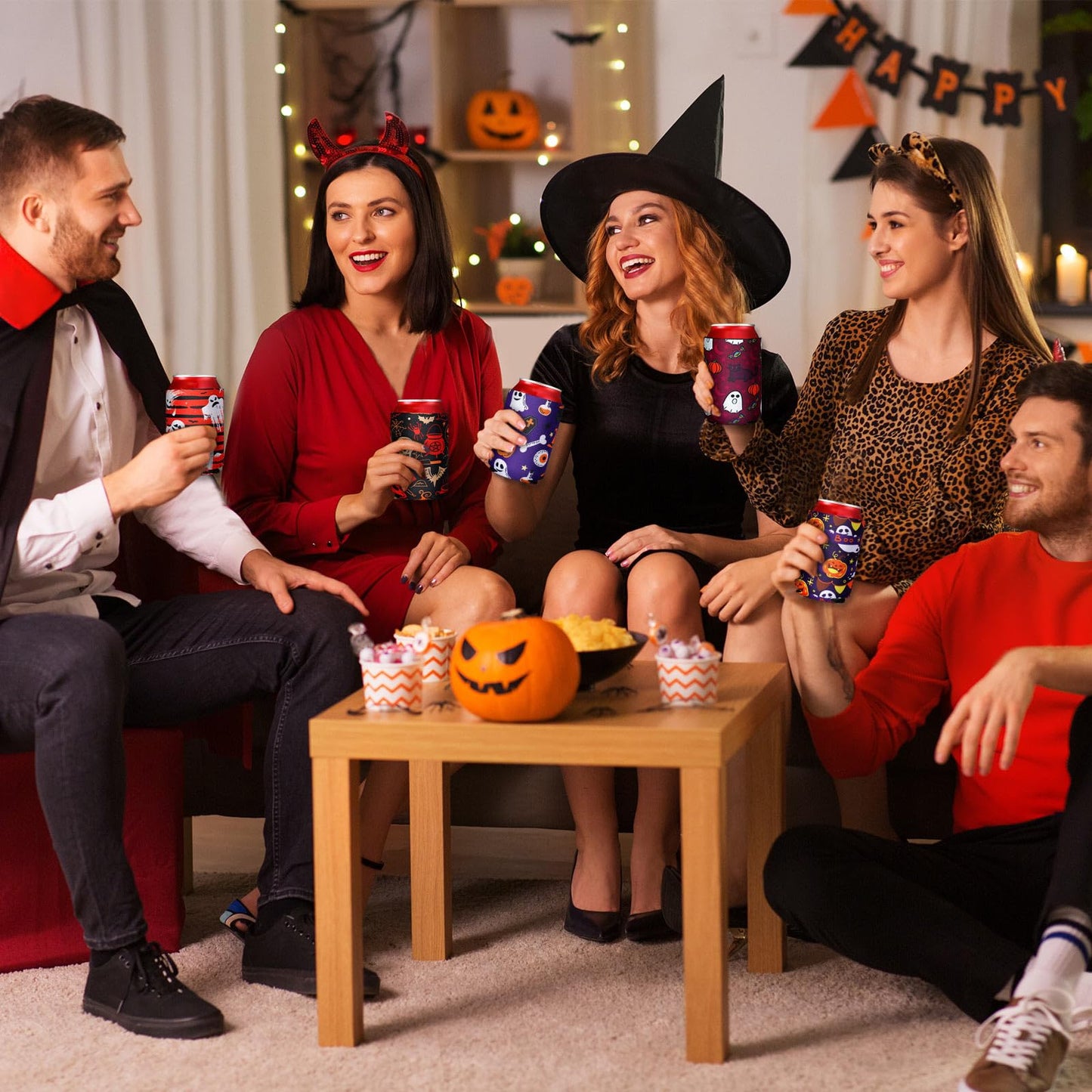 CHENGU 16 Pcs Beer Can Sleeves Halloween Cooler Insulated 12oz Neoprene Soda Holder Non Slip Colored Drink Can Covers for Bottles Home Kitchen Office Bar