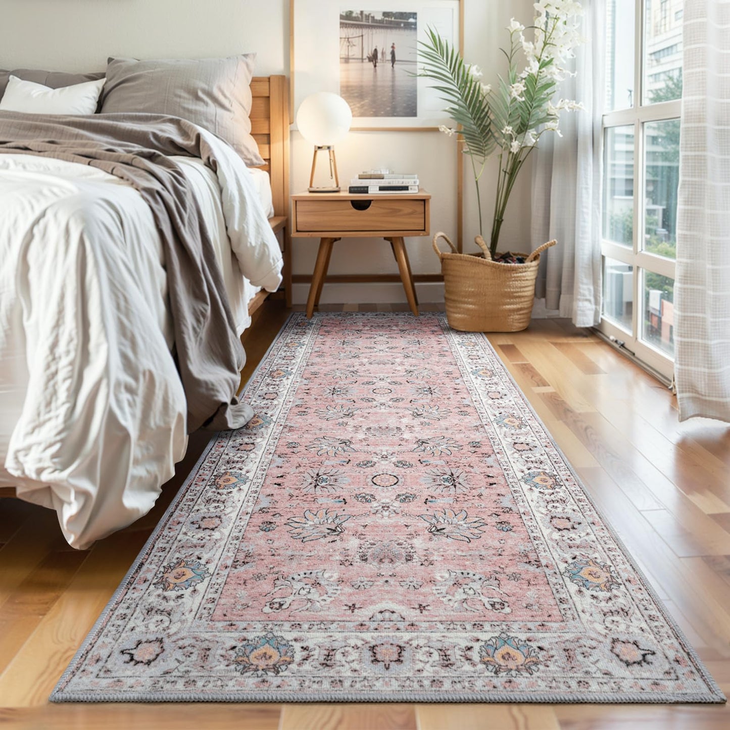 Runner Rug for Kitchen Hallway 2x6 Washable Non-Slip, Soft Boho Floral Carpet Low Pile Vintage Long Kitchen, Bedroom, Laundry, Bathroom, Living Room Rugs (Pink)