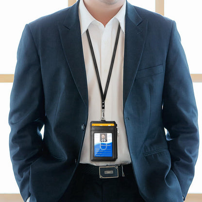 ELV Badge Holder with Zipper, PU Leather ID Badge Card Holder Wallet with 5 Card Slots, 1 Side RFID Blocking Pocket and 20 inch Neck Lanyard Strap for Offices ID, School ID, Driver Licence (Black)