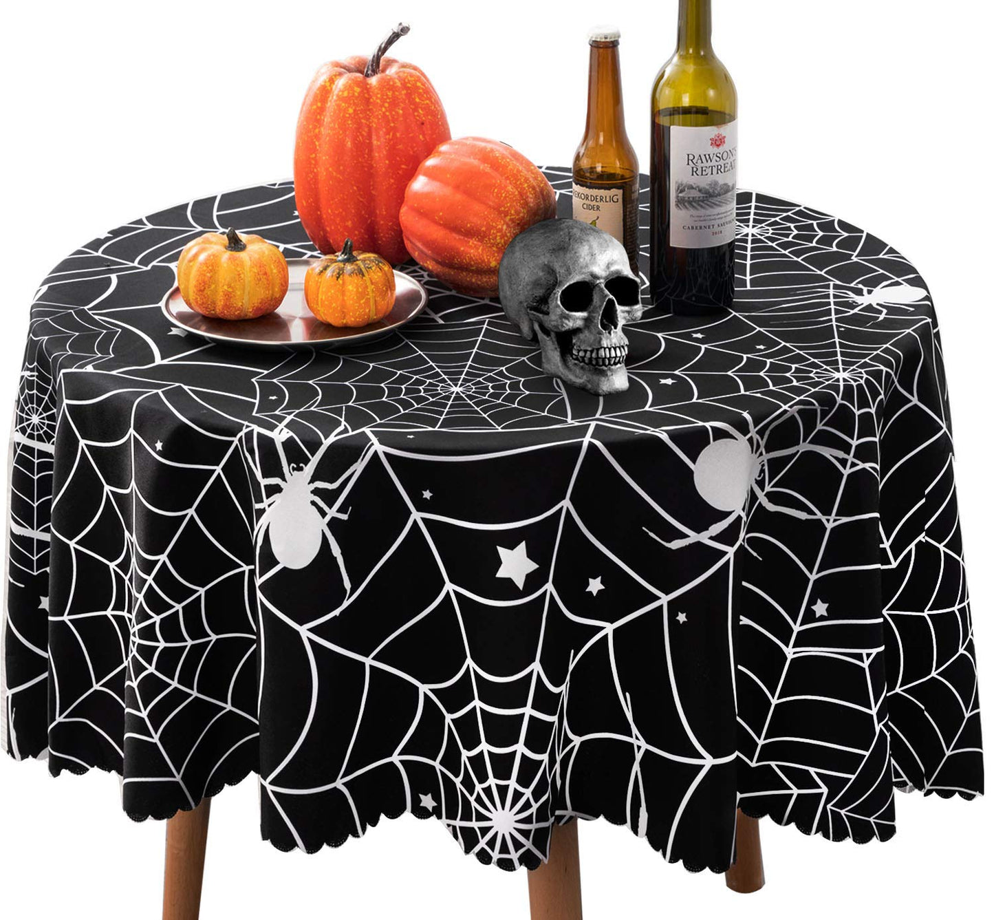 60 Inch Round Polyester Tablecloth, Halloween Black Spider Web Table Cloth, Spillproof Washable Polyester Table Cover - Perfect for Halloween Party Decorations
