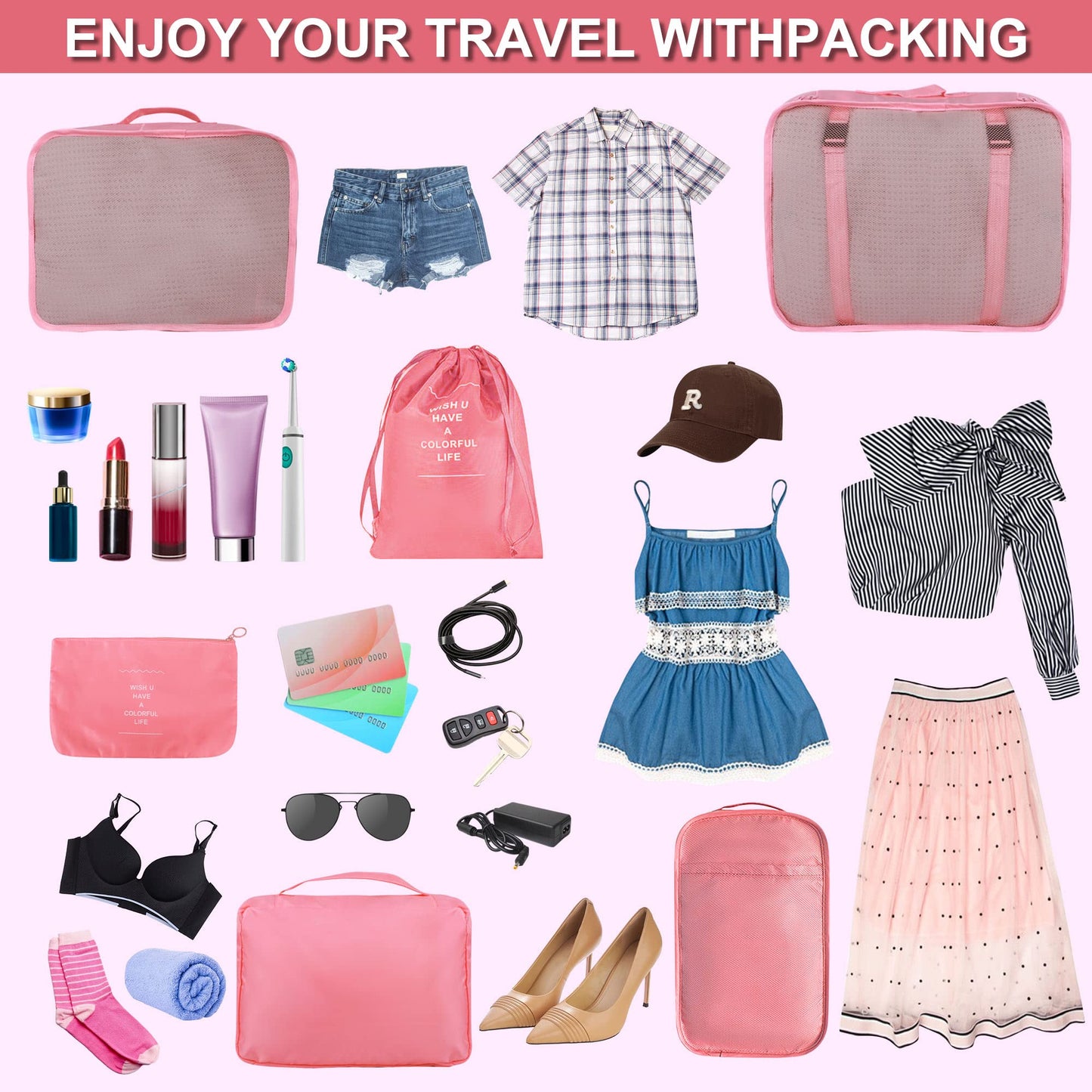 8 Set Packing Cubes for Suitcases, kingdalux Travel Luggage Packing Organizers with Laundry Bag, Compression Storage Shoe Bag, Clothing Underwear Bags, for Women & Man