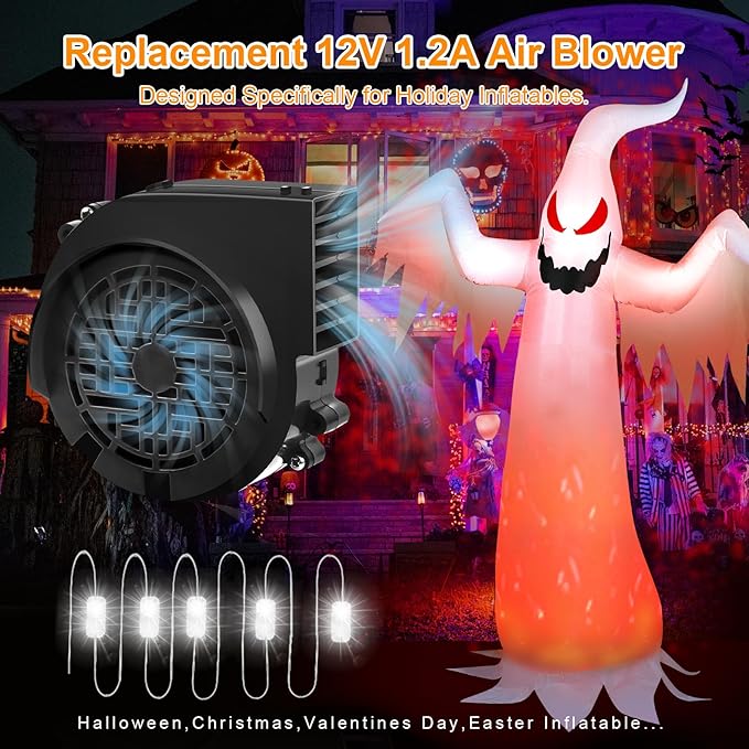 12V 1.2A Replacement Air Blower Fan for 5-12FT Halloween Christmas Inflatables with 1.5A Adapter 5 LED Light Fans Outdoor Blow Up Motor Replacement Fan Blower Parts for Inflatables Yard Decorations