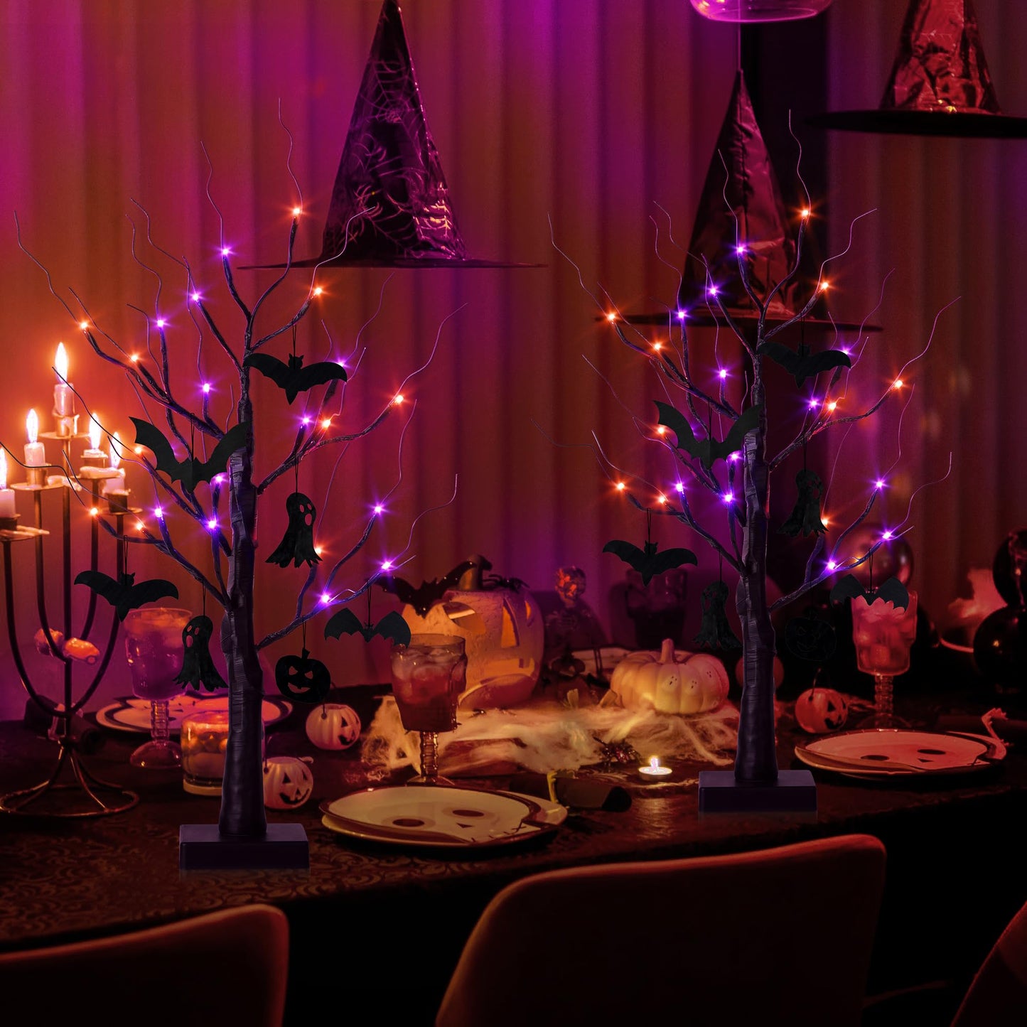 encavy Halloween Decorations Indoor,2 Pack 2FT Birch Tree with 24 Orange and Purple LED Lights,Black Spooky Halloween Tree for Holiday Party,Tabletop Decor for Home,Office,Christmas,Fireplace,Mantle