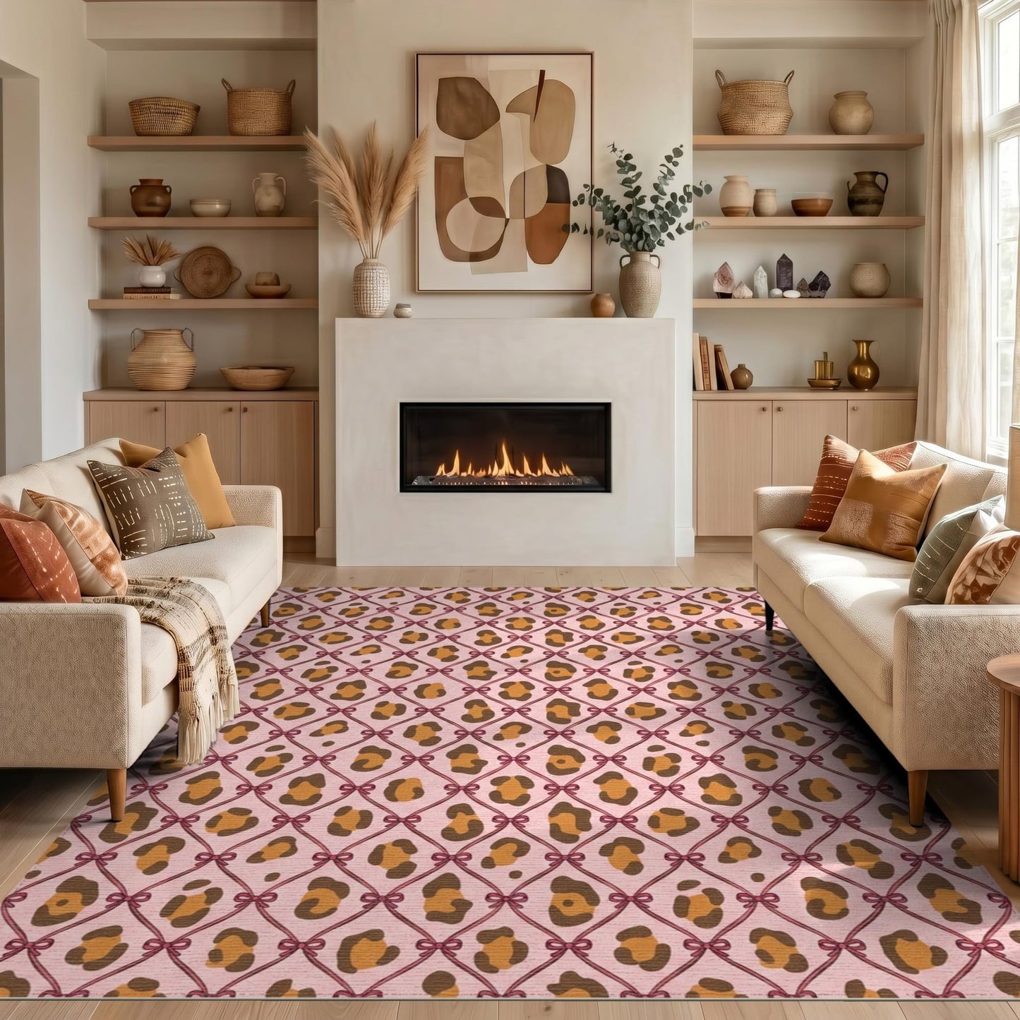 Adiugt 5'x7' Washable Area Rug Spotted Throw Displaying Geometric Arrangements Leopard for Guest Room, Lounge, Apartment, Non-Slip Low Profile
