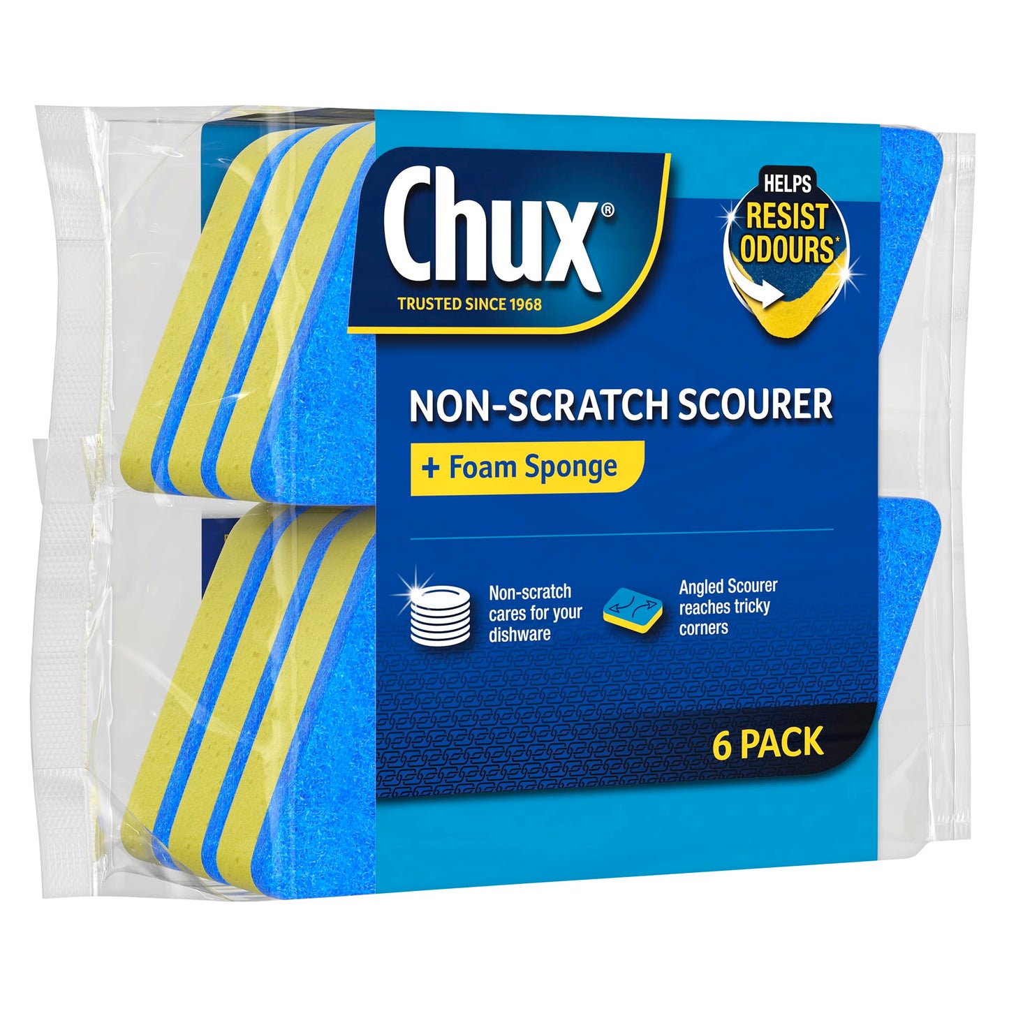 Chux Non Scratch Scourer + Foam Sponge, 6 Angled Scourers Suitable for Delicate Surfaces, 6 Count
