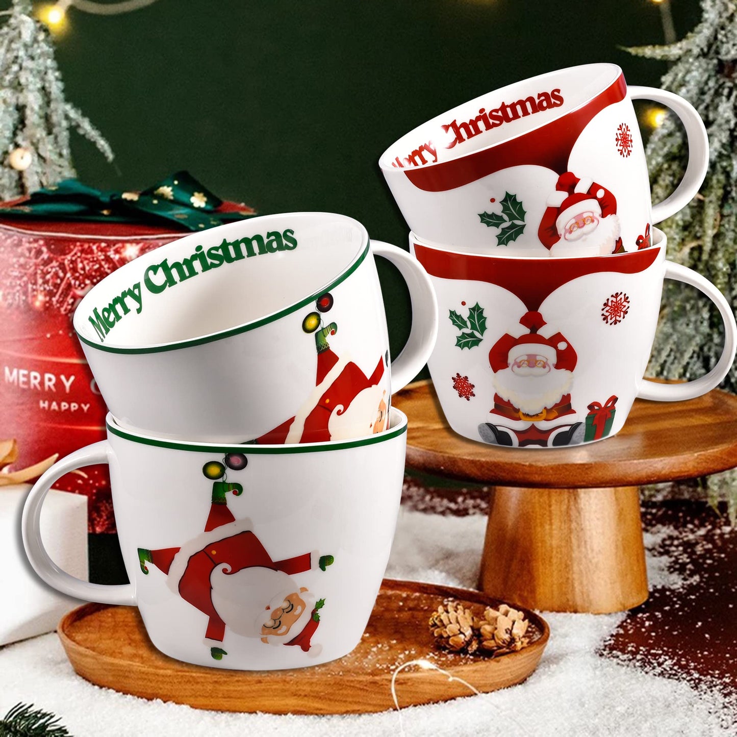 fMSDD Merry Christmas Coffee Mug Huge Novelty Cup Funny Ceramic Soup Bowl with Handle, 30 oz Wide, Multi-purpose, Santa Mug for Co-workers, Friends, Holiday Decor, White Green Letters
