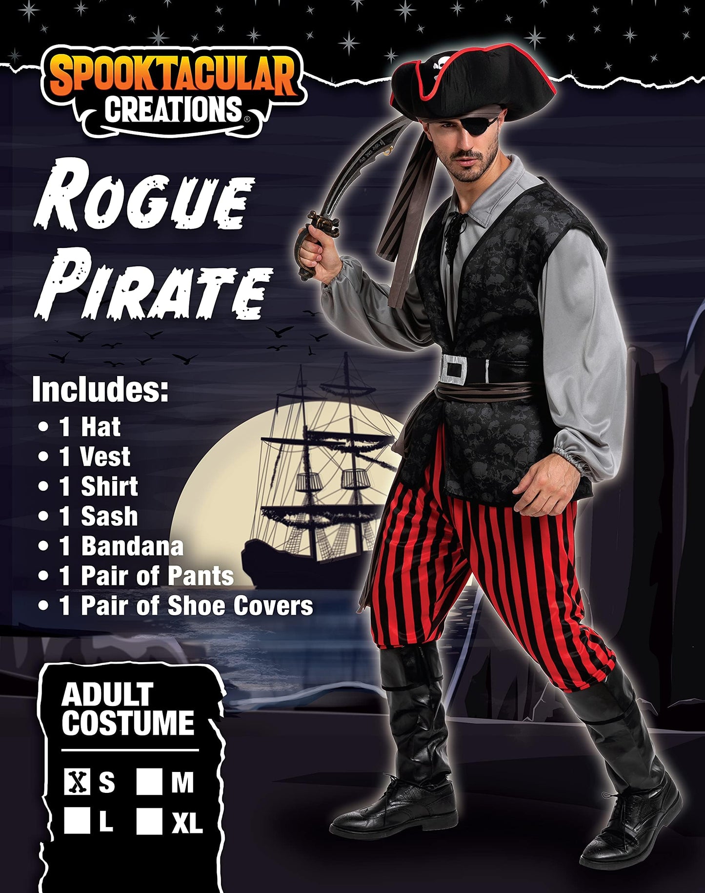 Spooktacular Creations Men Pirate Costume, Adult Grey Pirate Shirt Vest Viking Pants Hat Accessories Set for Halloween Themed Trick or Treating Cosplay Parties (Large)