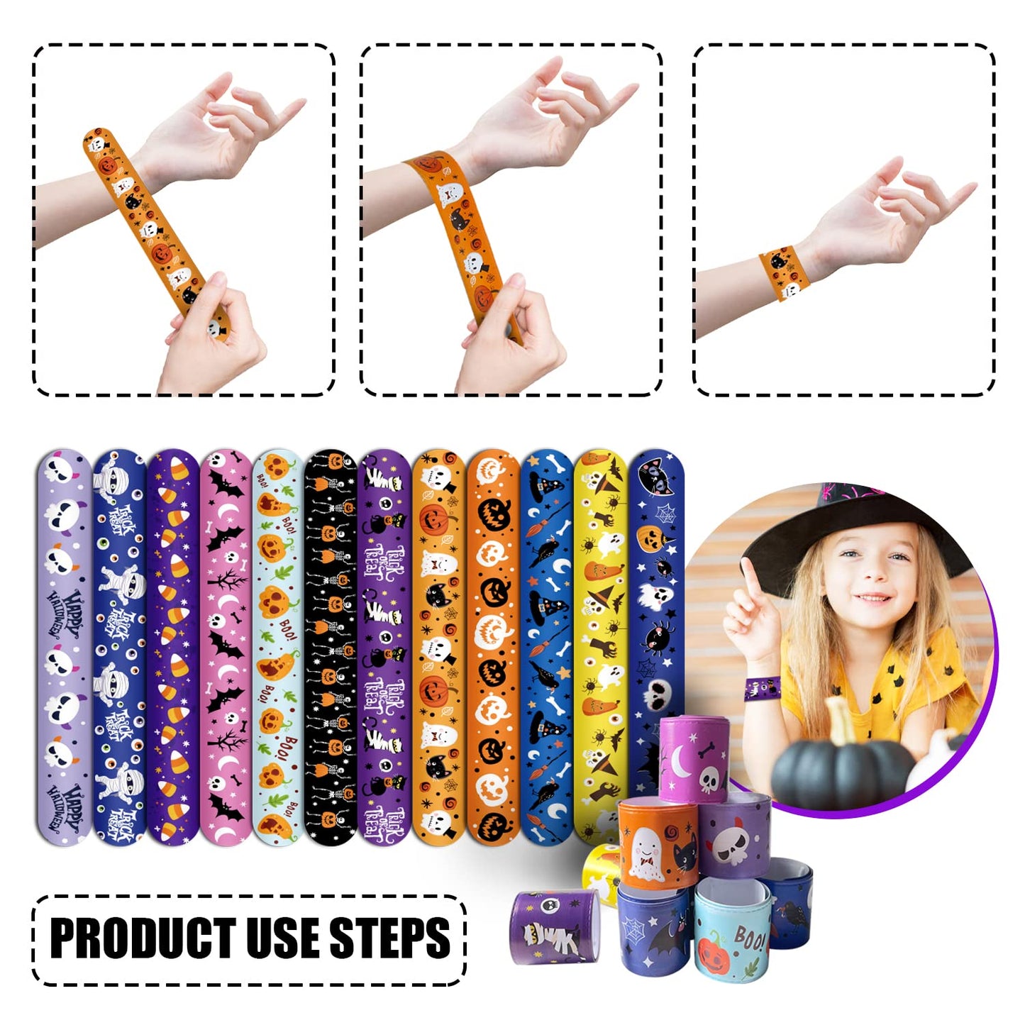 FOIMAS 48pcs Halloween Slap Bracelets, Snap Bracelet Pumpkin Witch Wristband for Kids Trick or Treat Bag Filler Party Favor Supply