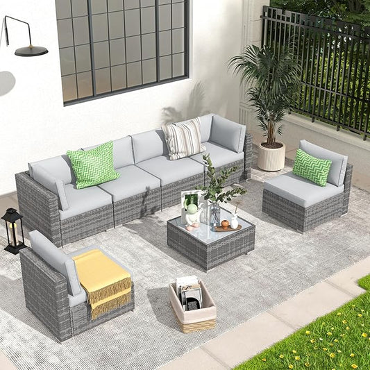 Patiorama 7 Pieces Outdoor Patio Furniture Set, All Weather Grey PE Wicker Rattan Sectional Conversation Set, Porch Garden W/Built-in Glass Table, Seat Clips, Light Grey Cushions