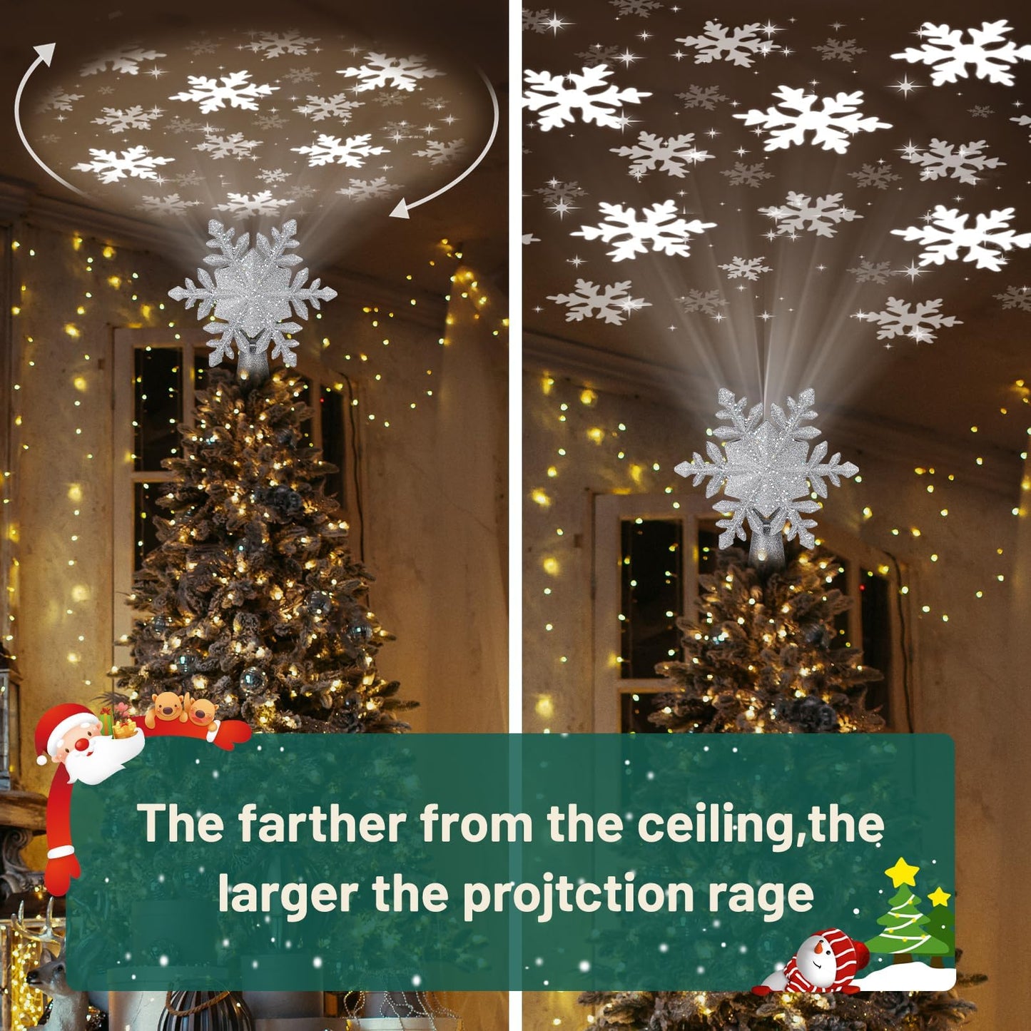 Christmas Tree Topper Lighted with 6 Projection Modes,Christmas Star Tree Topper Built-in LED Rotating Projector Lights 3D Christmas Tree Decorations for Xmas Party Holiday Decor(Silver Snowflake)
