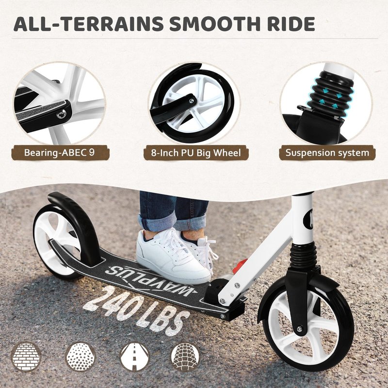 WAYPLUS Kick Scooter for Ages 6+,Kid, Teens & Adults. Max Load 240 LBS. Foldable, Lightweight, 8IN Big Wheels for Kids, Teen and Adults, 4 Adjustable Levels. Bearing ABEC9