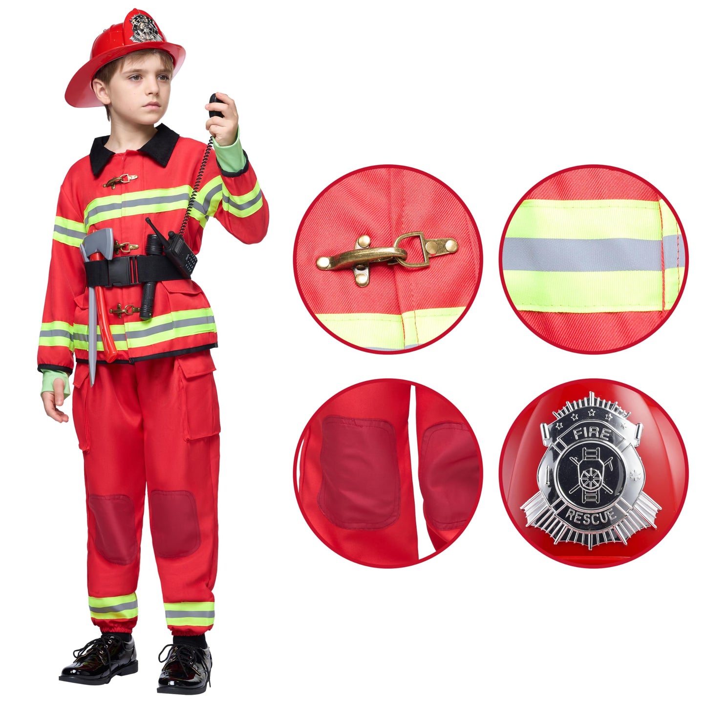 Spooktacular Creations Halloween Boys Fireman Costume, Firefighter Costume for Kids, Red Toddler Fireman Jumpsuit Accessories Set for Dress-up and Roleplay Party (3T, 3-4 yrs)