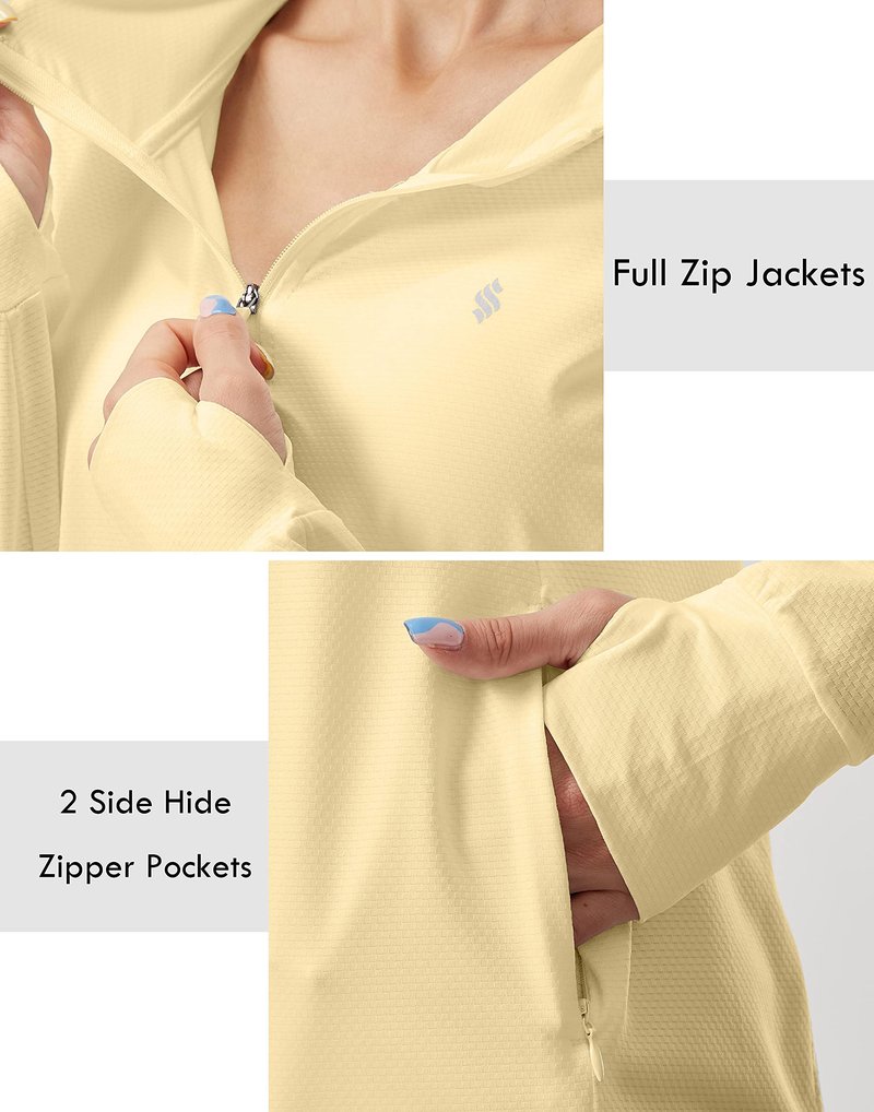 Soothfeel Women's UPF 50+ Sun Protection Hoodie Jacket Lightweight Long Sleeve Sun Shirt for Women with Pocket Hiking Outdoor Light Yellow 3XL