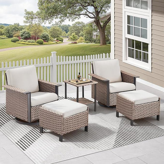 5 Pieces Outdoor Patio Furniture Set-High Back Wicker Patio Swivel Glider Chairs with 2 Multifunctional Ottoman and Glass Side Table, Outdoor Patio Conversation Sets for Porch Deck Brown/Beige