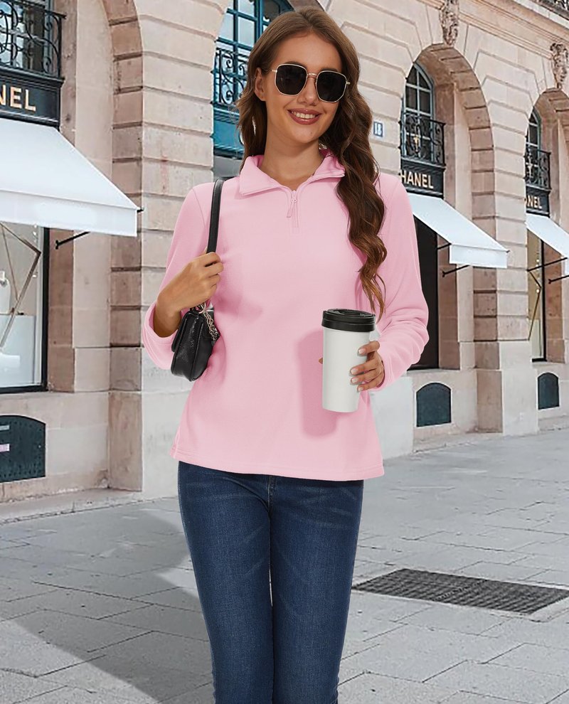 MAGCOMSEN Fleece Jacket Women Long-sleeve Lightweight Pullover Winter Thermal Tops Quarter Zip Sweatshirts, Pink, XL