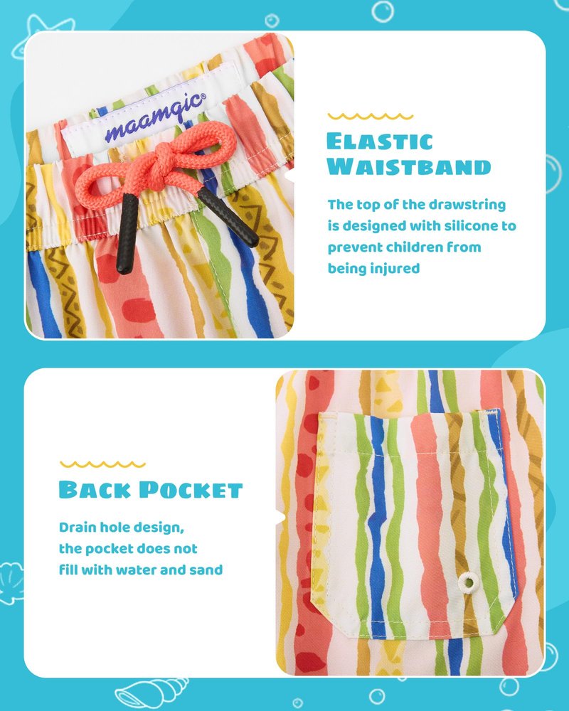 maamgic Boys Swim Trunks with Compression Liner Toddler Stretch Swim Shorts Quick Dry Swimming Trunks Boxer Brief 2 in 1 Beach Shorts Playful Stripes 8