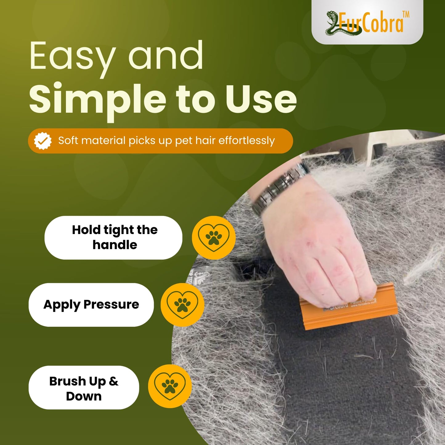 FURCOBRA Pro Pet Hair Remover for Car 4.33" - Lightweight, Compact Cat Dog Fur Remover, Scraper, Cleaner for Bed, Couch, Carpet, Home Surfaces - Portable, Easy to Use Pet Hair Removal Tool