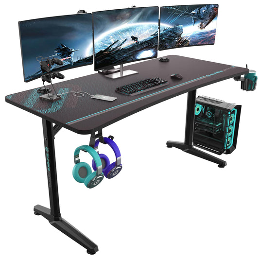 EUREKA ERGONOMIC 60 Inch Gaming Desk with Full Mouse Pad, Large Home Office Curved Computer Desk for 3 Monitors with Cup Holder, Headphone Hook and Handle Rack with USB Charging Ports for Gamer, Black