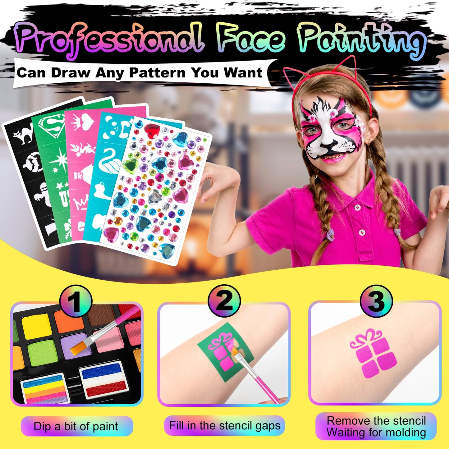 Fenmay Face Painting Kit for Kids, 24 Colors Washable Face Paint, Safe for Sensitive Skin, Non-Toxic Professional Face Painting Kit, Halloween Birthdays Makeup Set with Stencils, Guide Book