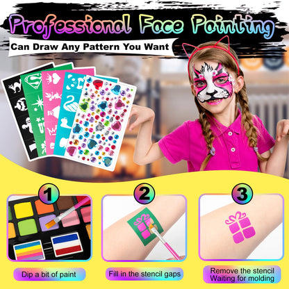 Fenmay Face Painting Kit for Kids, 24 Colors Washable Face Paint, Safe for Sensitive Skin, Non-Toxic Professional Face Painting Kit, Halloween Birthdays Makeup Set with Stencils, Guide Book