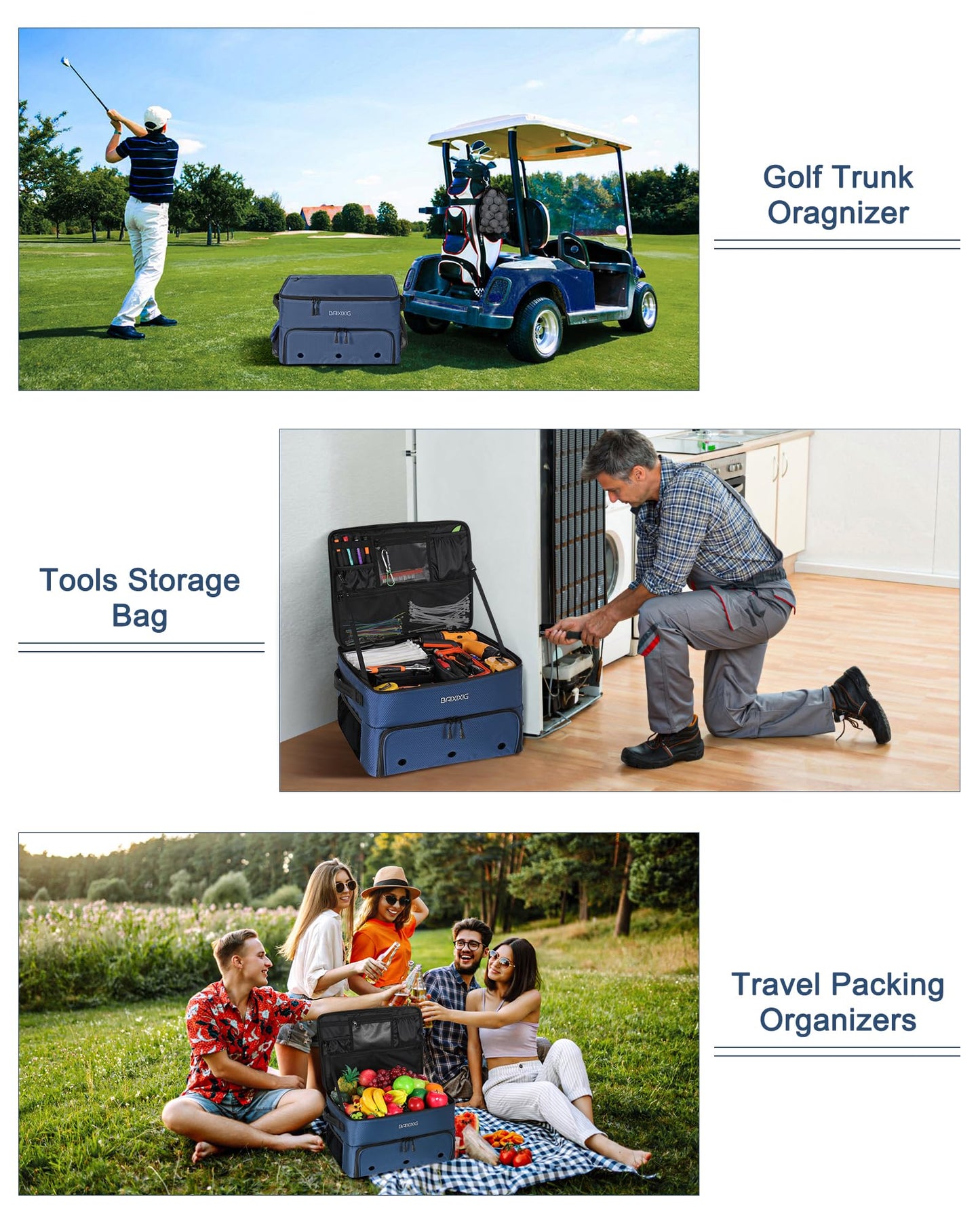 BAIXIXIG Golf Trunk Organizer, 2-Layer Storage with Shoe Pocket, Storage for Golf Accessories, Gifts for Golfers, Blue