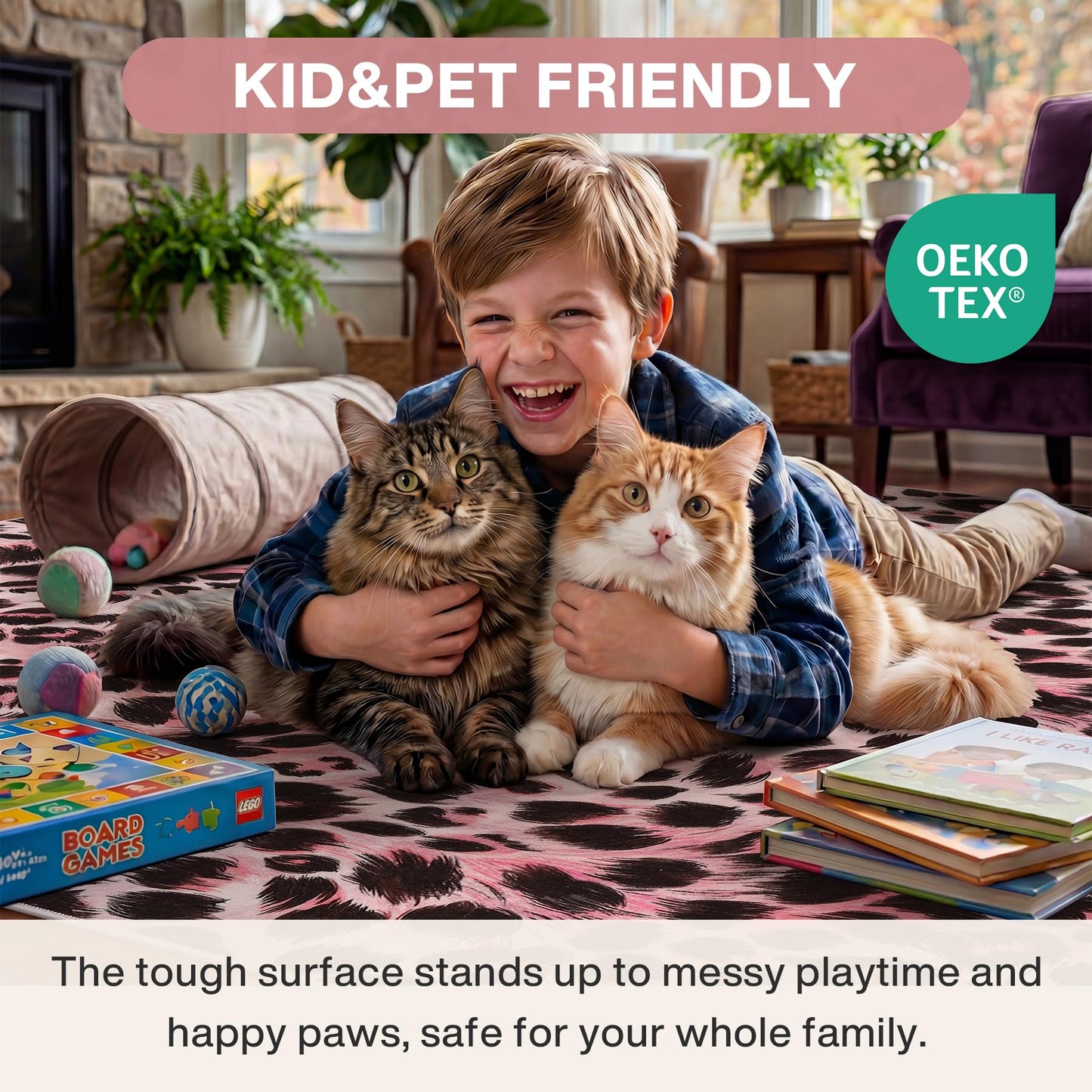 5x7 Leopard Area Rugs for Living Room, Machine Washable Cheetah Rug for Bedroom, Animal Rug Foldable Ultra-Thin Indoor Non-Slip Carpet for Dining Room Foyer Apartment Den, Pink, Oeko-TEX Certified