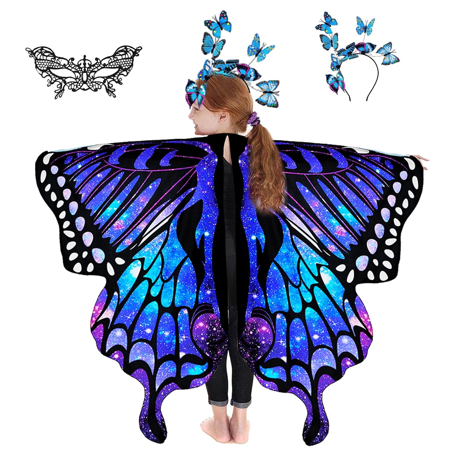 RekTak Butterfly Wings for Girls, Butterfly Costume for Halloween Party Kids Fairy Wing with Mask and Headband(Blue)