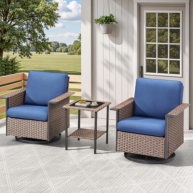 3 Pieces Outdoor Patio Furniture Set-Wicker Patio Swivel Rocker Chairs Set of 2 with Outdoor Side Table, Comfy Rattan Glider Chairs Outdoor Seating Furniture for Porch Deck Balcony Garden Brown/Blue