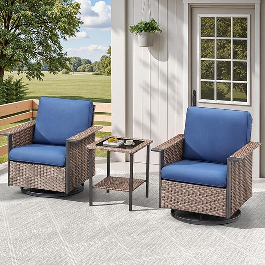 3 Pieces Outdoor Patio Furniture Set-Wicker Patio Swivel Rocker Chairs Set of 2 with Outdoor Side Table, Comfy Rattan Glider Chairs Outdoor Seating Furniture for Porch Deck Balcony Garden Brown/Blue