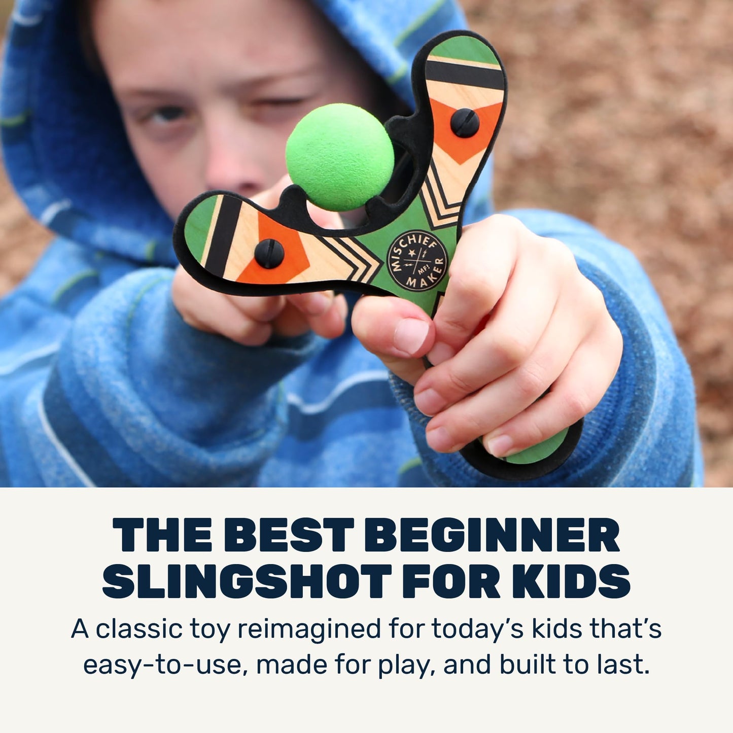 Mighty Fun! Mischief Maker® Wooden Slingshot for Kids with Soft Foam Balls (Green)