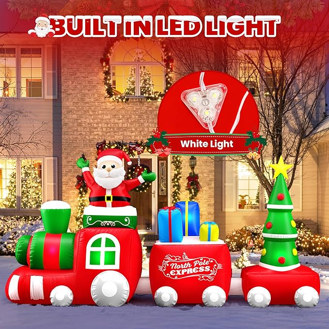 10 FT Deluxe Christmas Inflatables Train with Santa Claus, Gift Box, Christmas Tress, Built-in LED Lights, Blow Up Lovely Train Carriage for Christmas Party Holiday, Outdoor Garden Lawn Yard Decor