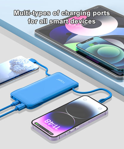 TG90° Portable Charger 10000mah Cell Phone Battery Backup, Ultra Slim Power Bank with Built in Lightning and USB-C Cable, Portable Phone Charger Battery Packs Compatible with iPhone Android Phones