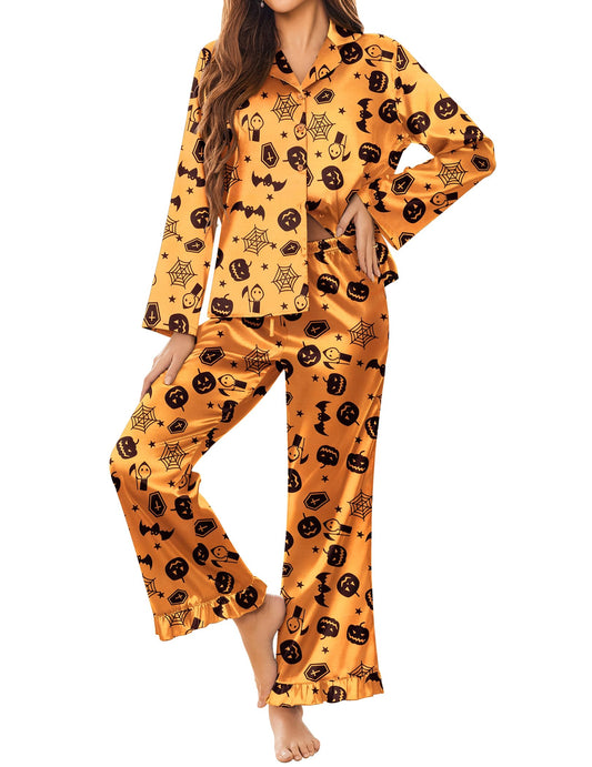 Ekouaer Silk Satin Pajamas Set Womens Long Sleepwear Button Down 2 Piece Classic Soft Loungewear Pjs Set (Halloween, Large)