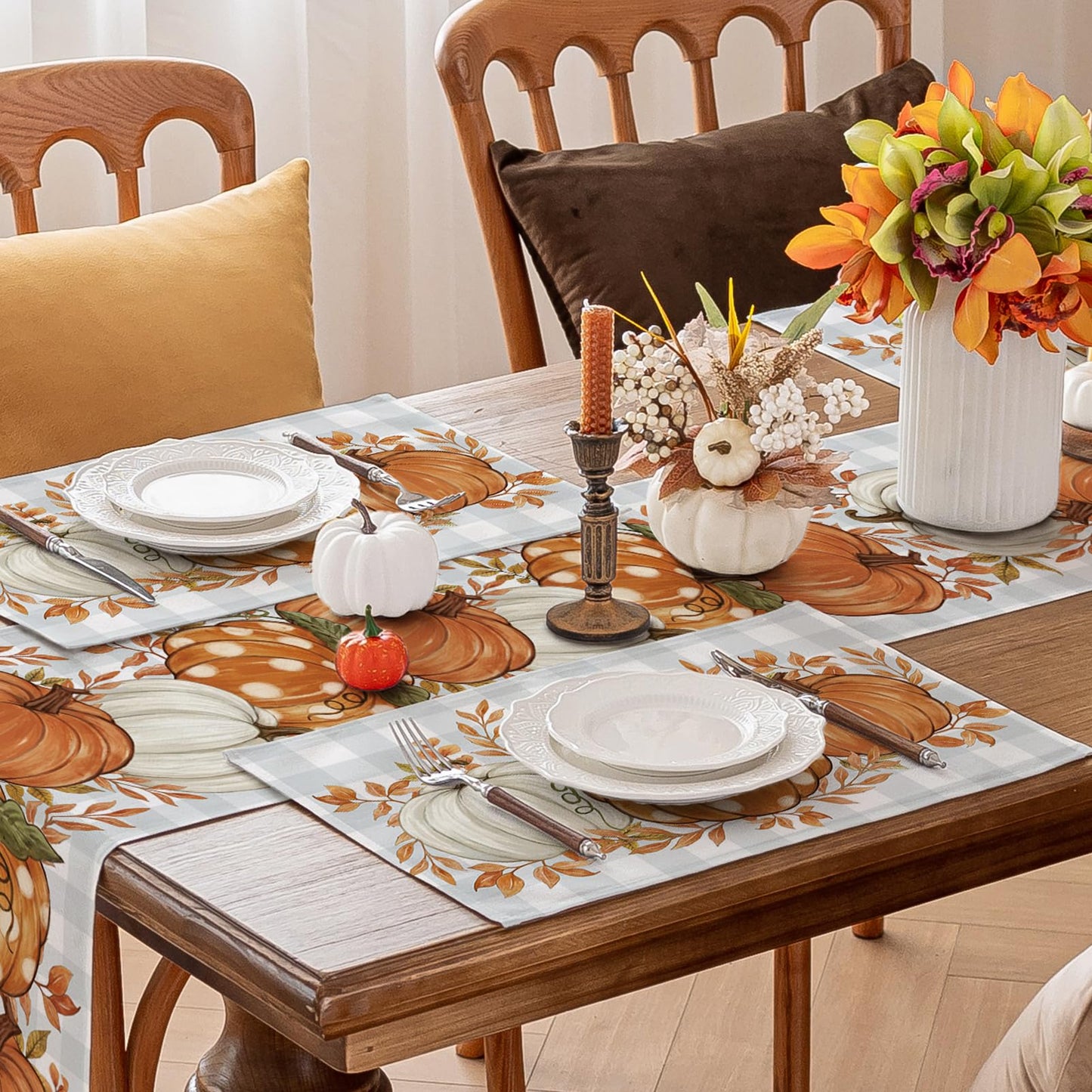 Romanstile Fall Placemats Set of 4-12 X 18 Inch - Thanksgiving Autumn Harvest Pumpkin Buffalo Plaid Place Mats, Stain Resistant Wipeable Table Mats for Party/Dining/Holiday- Grey Blue Checkered