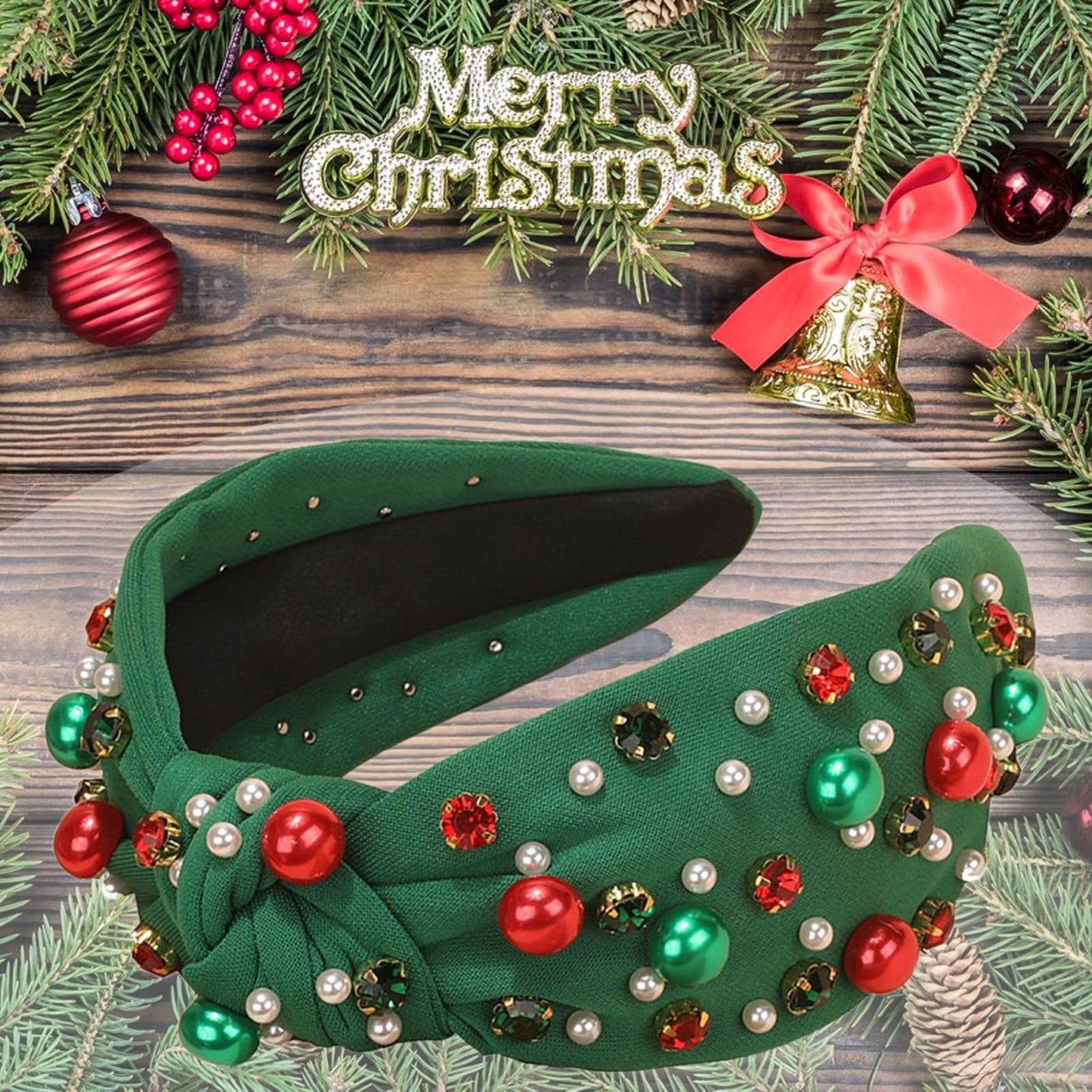 Christmas Headband for Women Pearl Knotted Headband Xmas Red Green Pearl Rhinestone Crystal Jeweled Hairband Fashion Elegant Ladies Wide Top Knot Hair Bands Headpiece Holiday Outfits Gifts (Green)