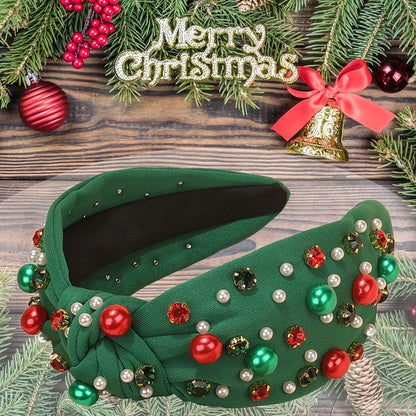 Christmas Headband for Women Pearl Knotted Headband Xmas Red Green Pearl Rhinestone Crystal Jeweled Hairband Fashion Elegant Ladies Wide Top Knot Hair Bands Headpiece Holiday Outfits Gifts (Green)