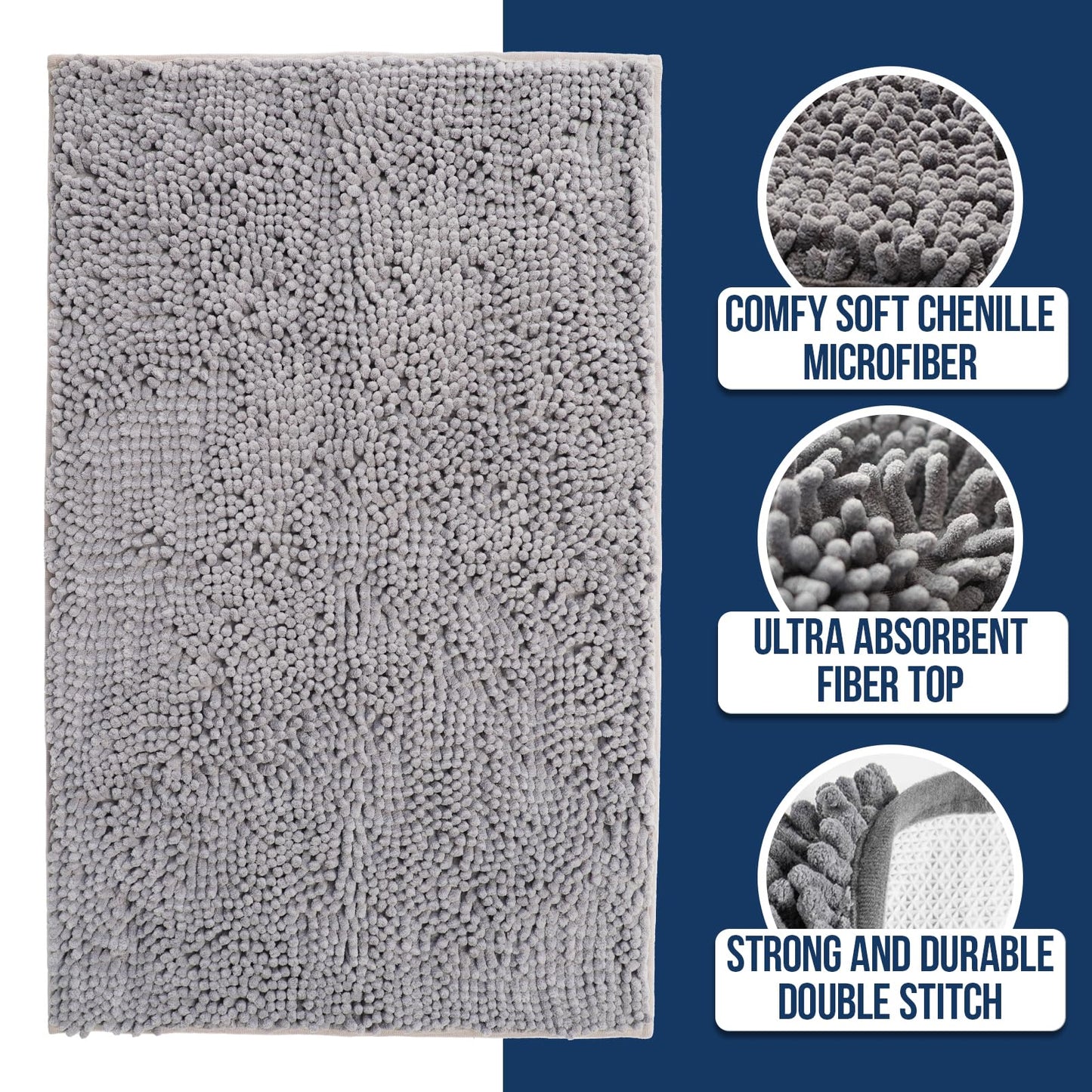 Muddy Mat Chenille Bathroom Rugs Quick Dry Microfiber Mats Non Slip Washable, Extra Thick, Soft and Highly Absorbent Bath Mats for Bathroom, Kitchen, and Shower Floor - Grey Small 28"X18"