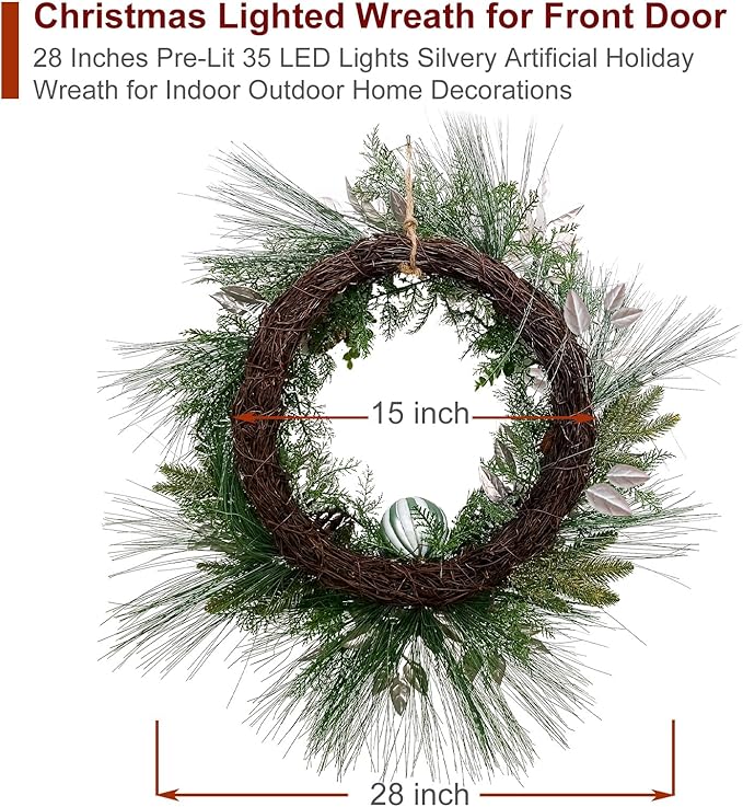 Christmas Lighted Wreath for Front Door, 28 Inches Pre-Lit 35 LED Lights Silvery Artificial Holiday Wreath with Silver Ornaments for Indoor Outdoor Home Decorations