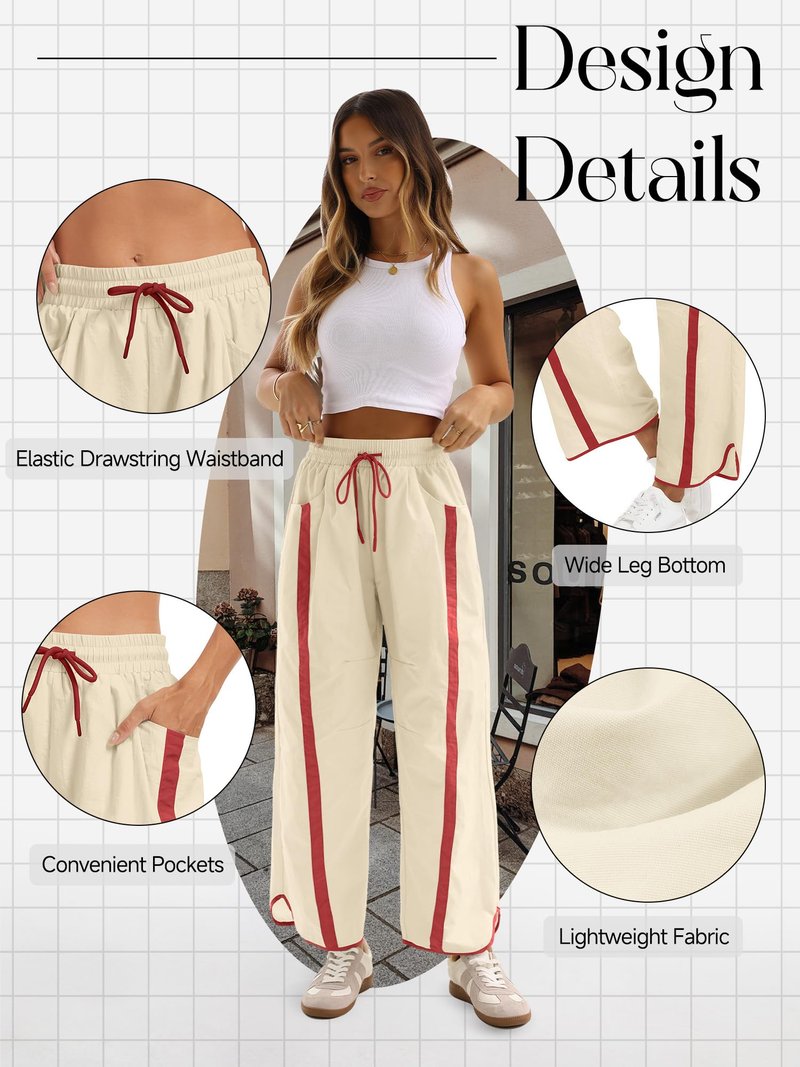 TWQTWQ Women's Wide Leg Track Pants Baggy Drawstring High Rise Side Striped Casual Lightweight Parachute Pants with Pockets(Red,Medium)