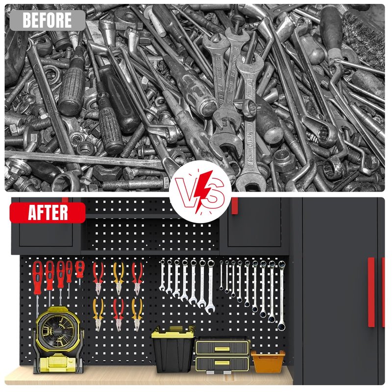 TCE Garage Cabinets Storage System: 6 Piece Set with Lockers and Workbench for Home, Office, Gym, School, Black/Grey