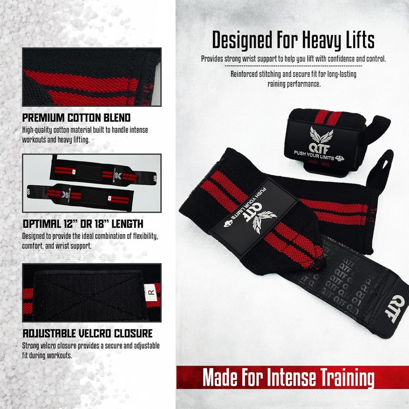 QTF Wrist Wraps for Weightlifting - Heavy-Duty 12" Support with Thumb Loop | Ideal for Strength Training & Bodybuilding