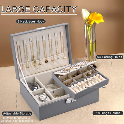 Pystuvo Jewellery Box for Women, 2-Layer Large Jewellery Organiser Box with 2 Watch Pillows, PU Leather, Travel Jewellery Organiser for Earrings Rings Necklaces Watches Bracelets,Grey