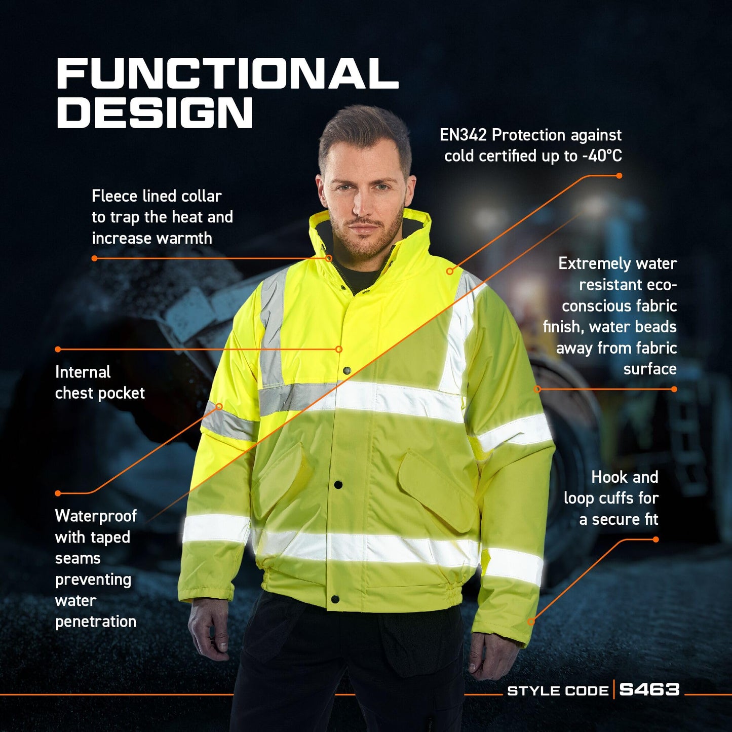 Portwest S463 Men's Hi-Vis Winter Bomber Jacket Waterproof Safety Cold Protection EN342 Certified Reflective Tape Texpel Eco Fabric Multiple Pockets Pack Away Hood, Yellow, L
