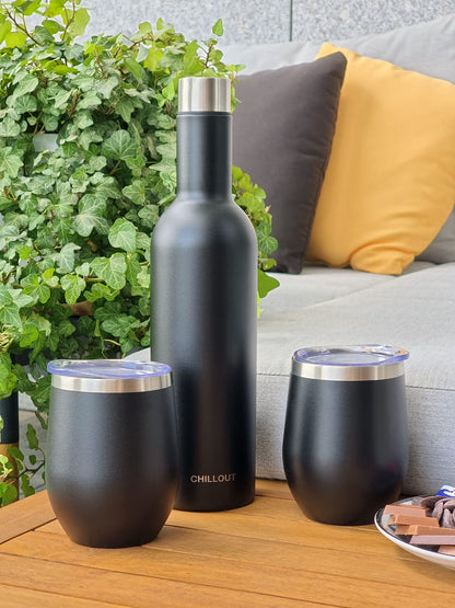 CHILLOUT LIFE Stainless Steel Wine Tumblers 2 Pack 12 oz & 1 Insulated Wine Bottle - Double Wall Vacuum Insulated Wine Cups with Lids and Straws Set - Black