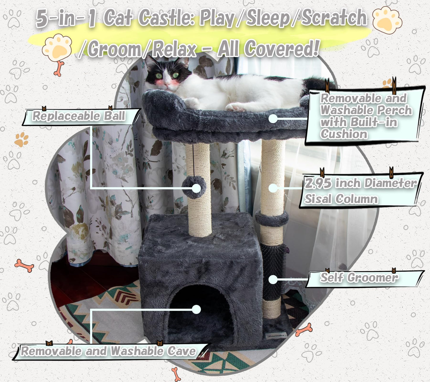 Hapineko 26.8" Small Cat Tree Tower,Cat Scratching Post for Indoor Cats,Featuring with Cat Cave & Cozy Perch,Cat Self Groomer and Interactive Dangling Ball Great for Kittens/Cats (Smoky Gray, Medium)